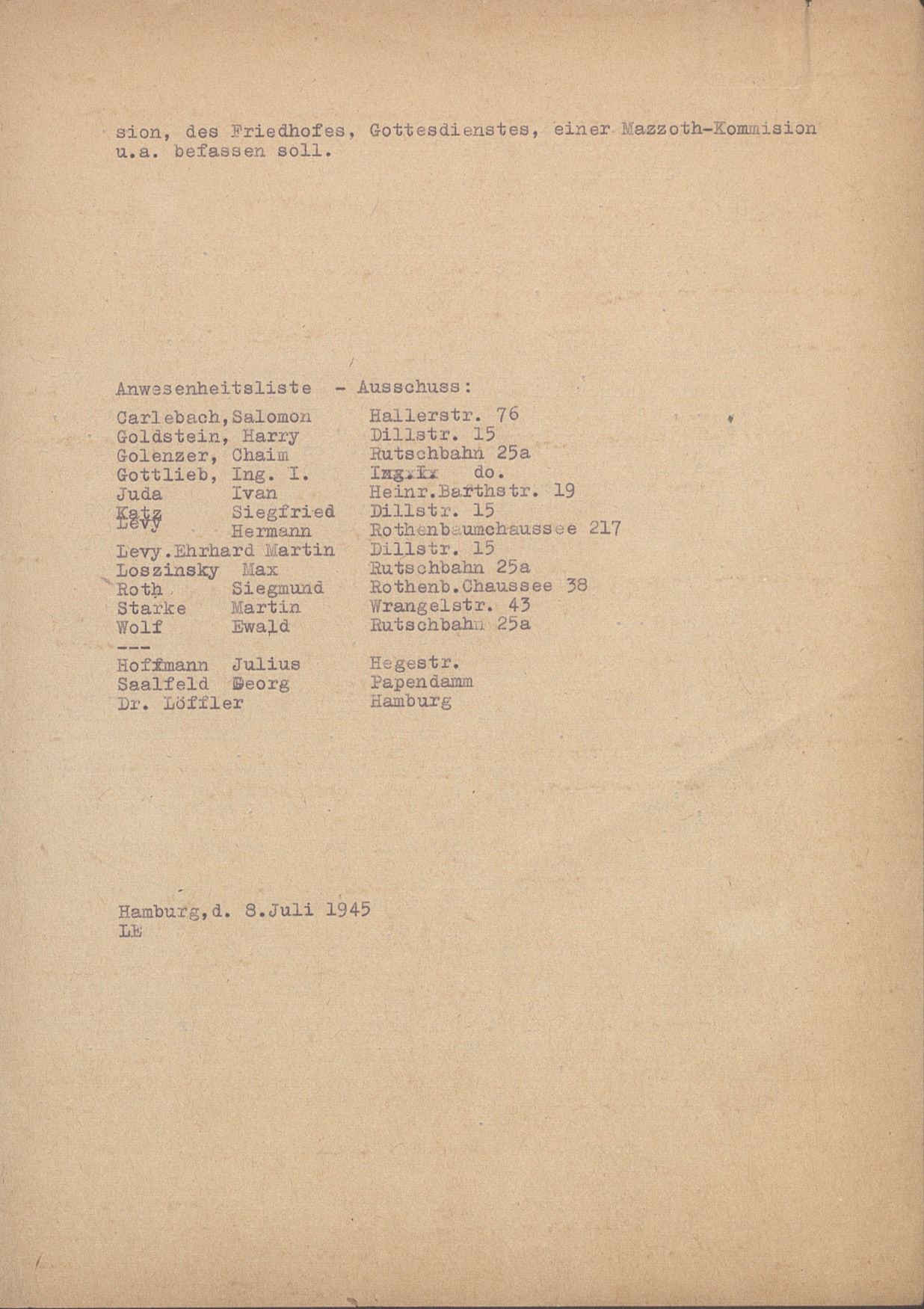 Niederschrift einer Zusammenkunft zur Neugründung der Jüdischen Gemeinde in Hamburg im Juli 1945 Seite